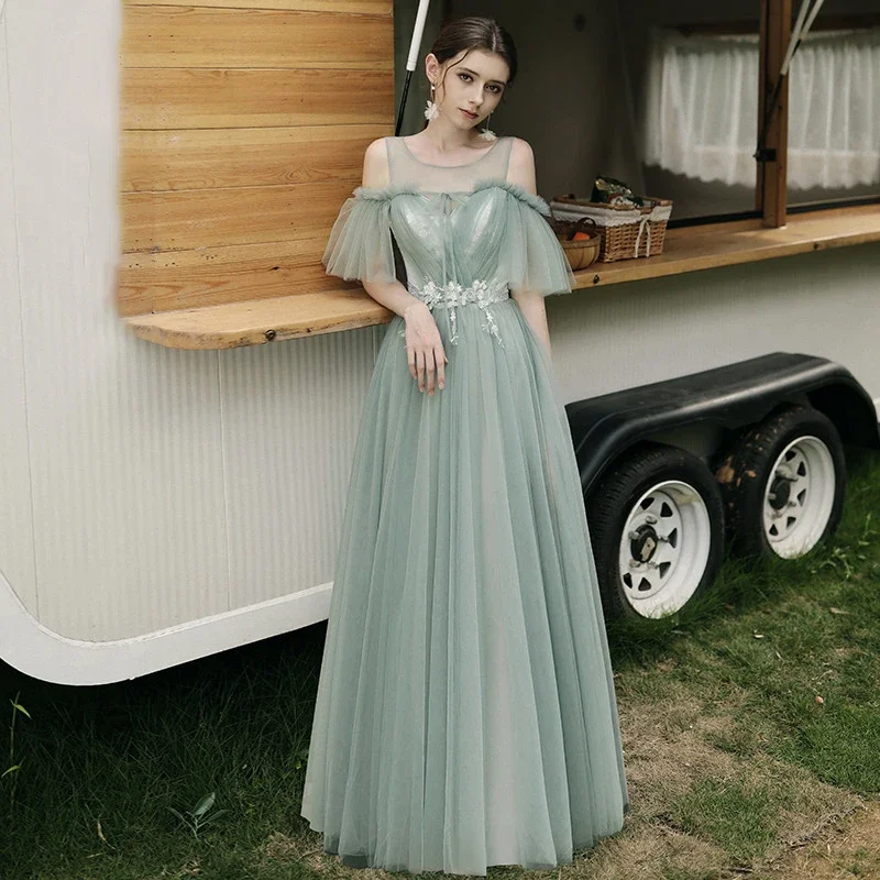 Sweet Memory Bridesmaid Dresses Mesh Tulle Fairy Prom Robe Princess Lace-up Elegant Women Girl Celebrity Party Gown