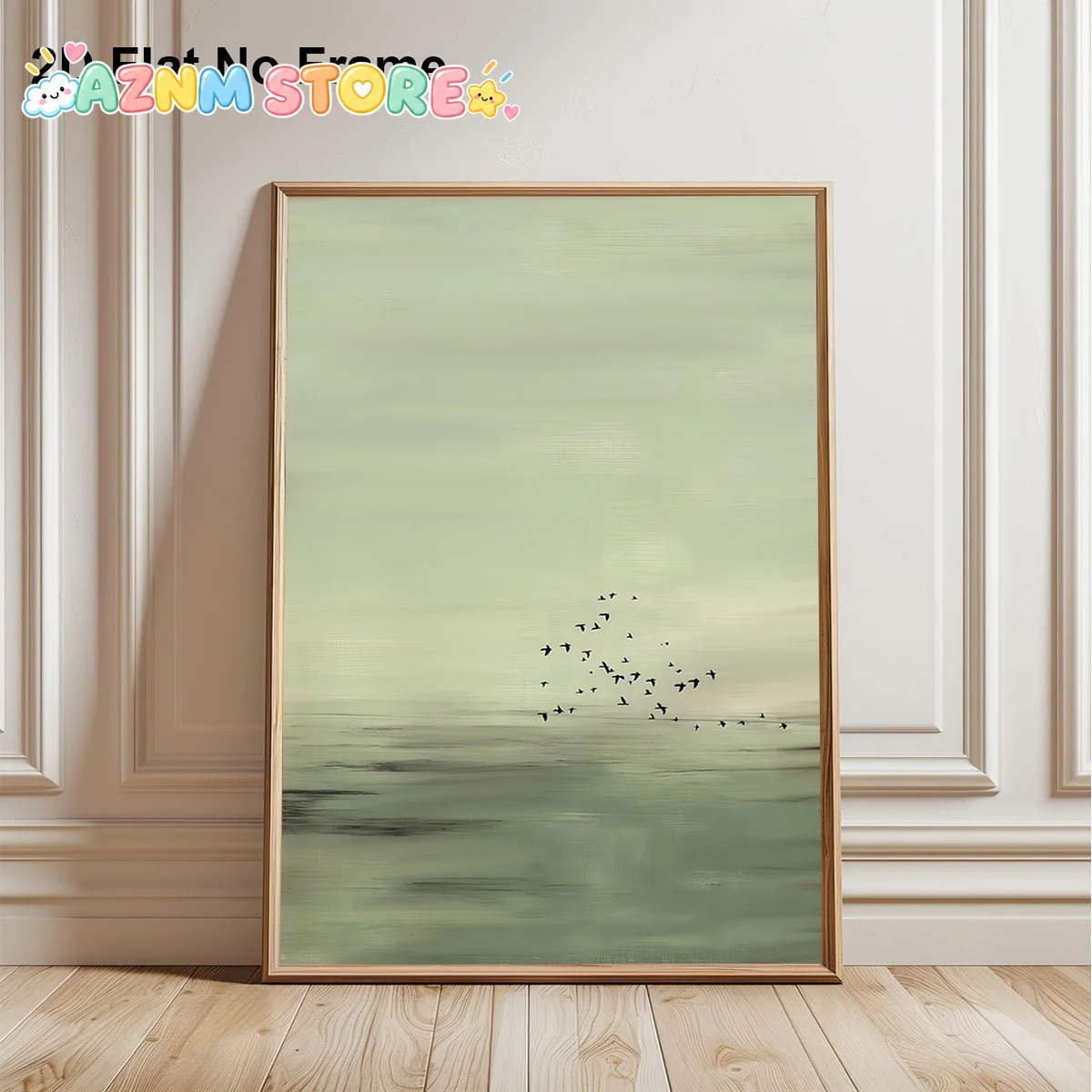 2D Flat, 2D Flat, Frameless Canvas Poster Featuring a Flock of Birds Soaring Over Calm, Misty Waters, Depicting a Peaceful Na