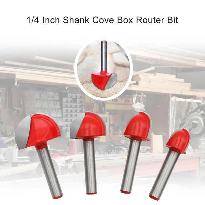 1/4 Inch Shank Cove Box Router Bit Set, 4 Pcs Solid Carbide Double Flute Core Box Round Nose Router Bits Woodworking Tool