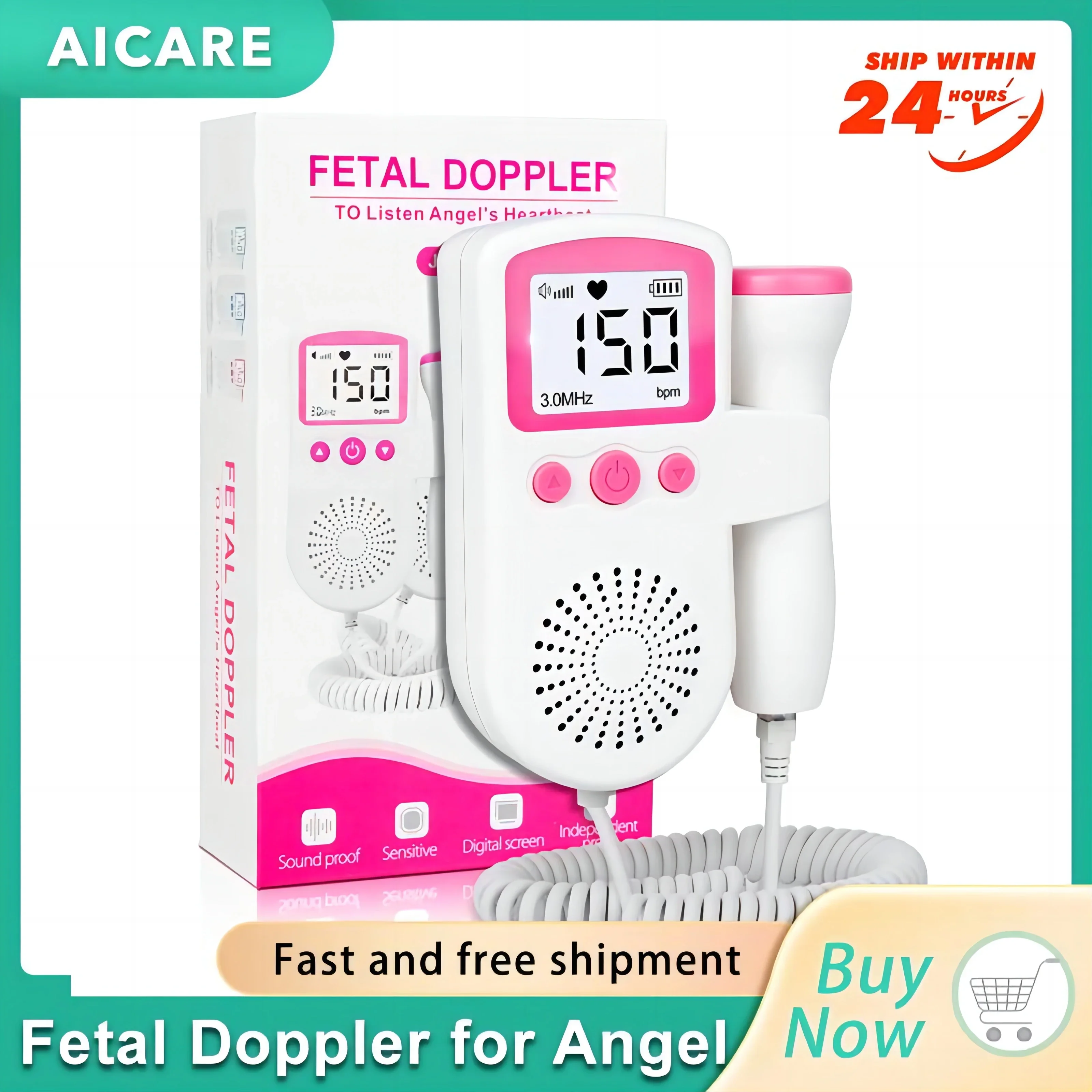 Aicare Doppler Fetal Heart Rate Monitor for Baby Pregnancy Heartbeat Detector LCD Backlight Pulse Meter No Radiation Stethoscope