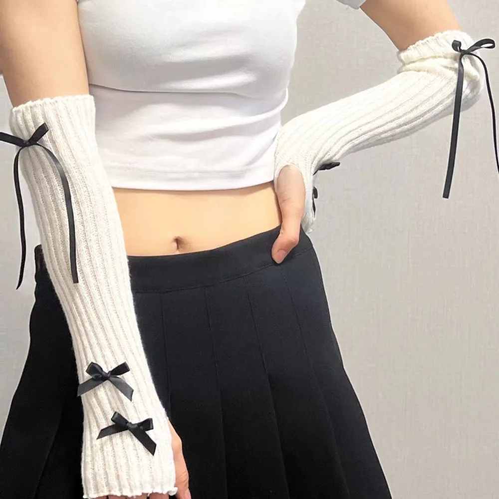 ใหม่ Thicken แขนแขนสีทึบ Bowknot แขนอุ่นนุ่ม Y2K ถักถุงมือหญิง