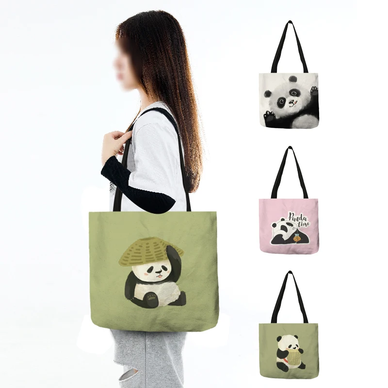 Super Cute Cartoon Panda Print Tote Handbag Casual Outdoor Beach Storage Shoulder Bag Supermakrt Shopping Grocery Bags Resuable