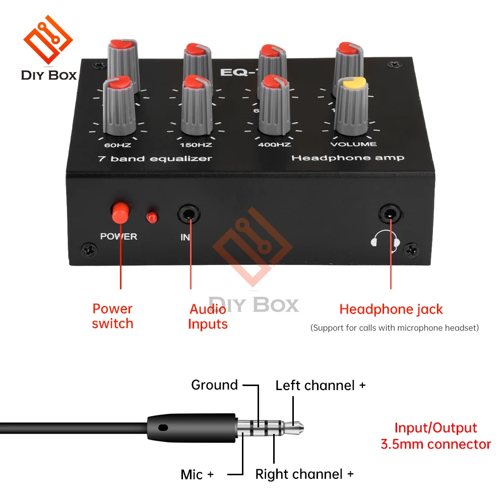 EQ-7 Audio Signal Preamplifier, Headphone Amplifier, 7 Band Equalizer, Ajustar High School, Bass Sound, Telefone, Computador, DC US Plug