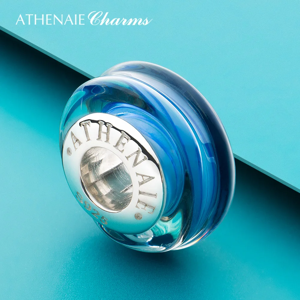 ATHENAIE Classic Blue Striped Genuine Murano Glass Charm Bead with 925 Sterling Silver Core fit European Bracelet Gift for Women