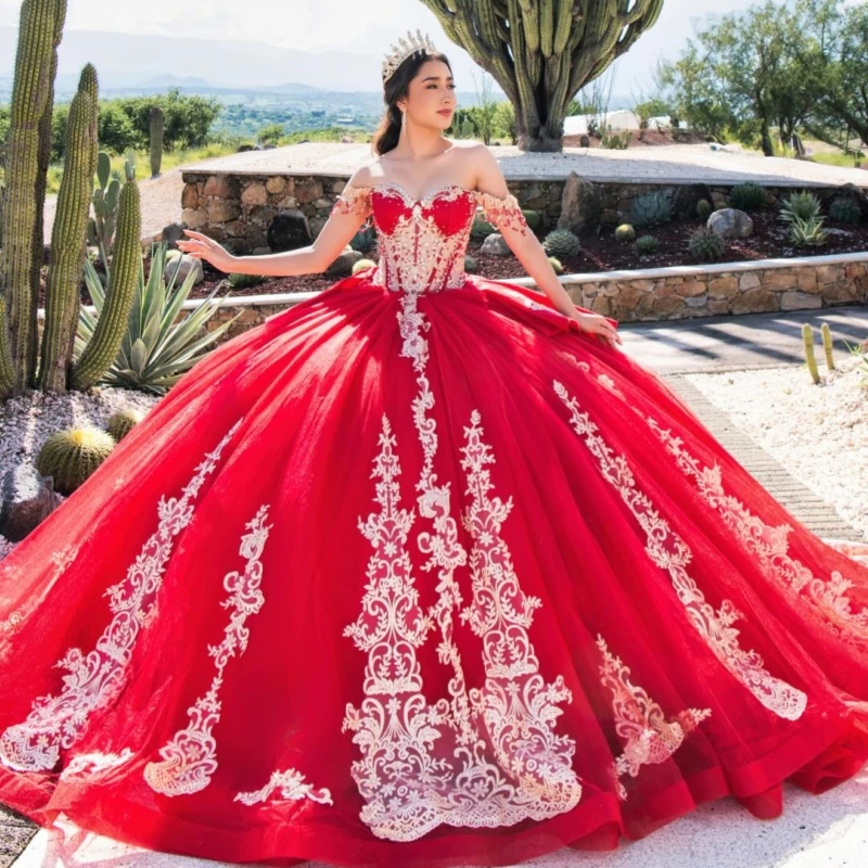 

Red Quinceanera Dresses Off The Shoulder Applique Lace Beading Crystal Tull Corset Party Birthday Sweet 16 Dres Vestidos 15 De