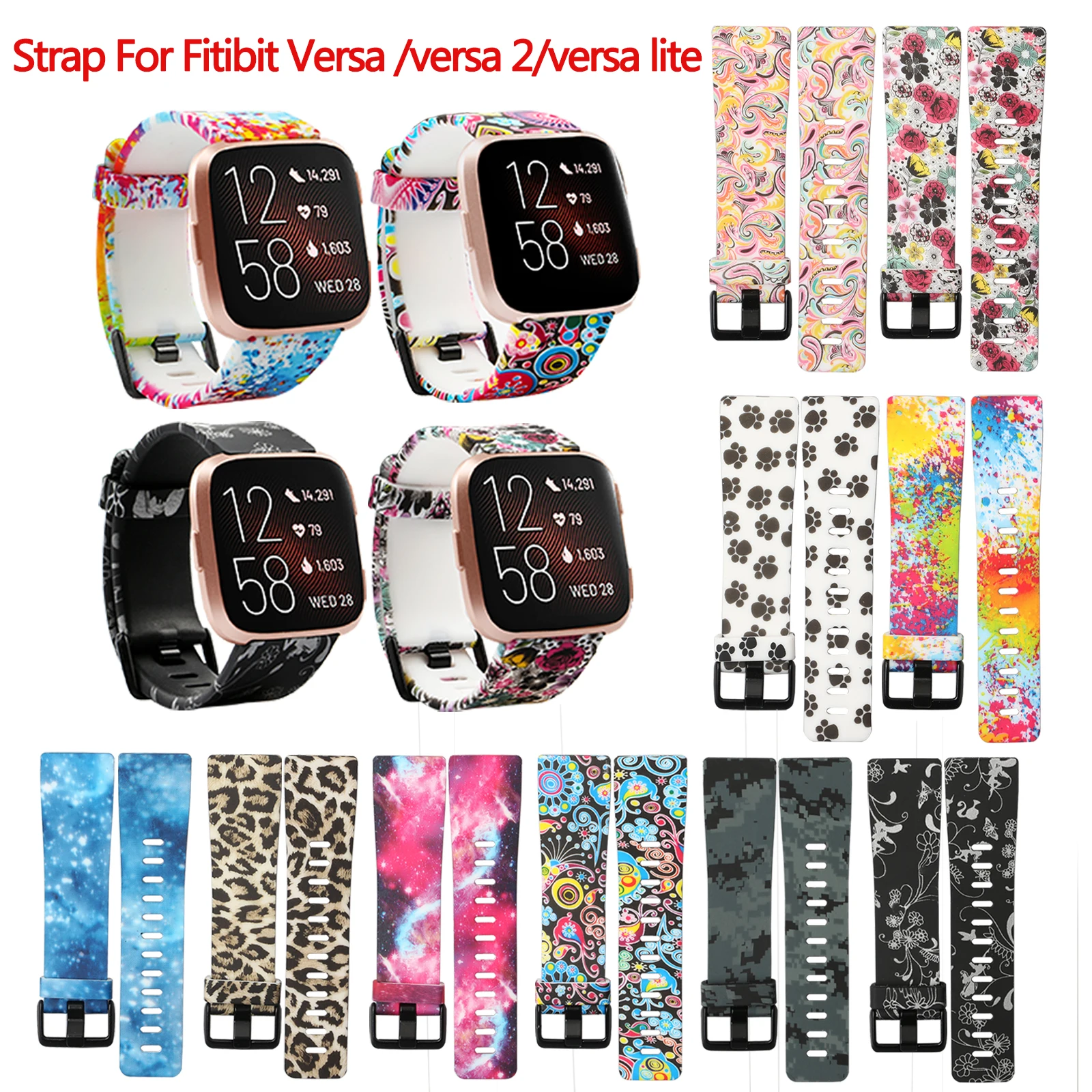 For Ffitbit Versa 2 Strap Soft Silicone Printed Adjustable Smart Watch Wristband For Fitbit Versa Strap Bracelet For Versa2