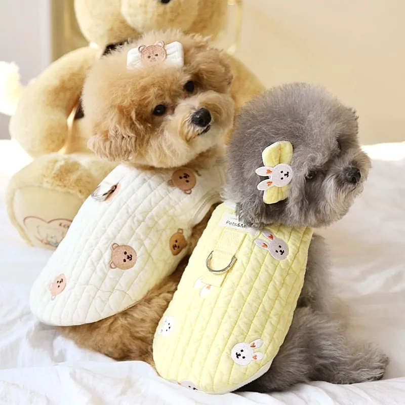 Teddy Embroidered Cotton Jacket Bichon Winter Down Coat Pomeranian Short-Sleeve Jacket Small Dog Thickened Cartoon Clothes