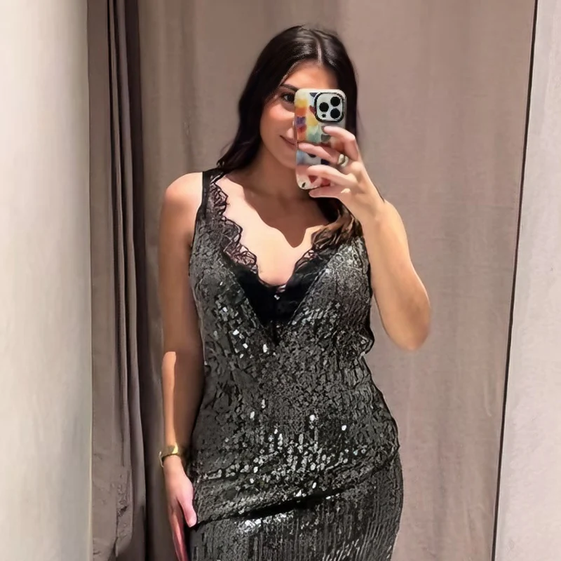 

Блестящий топ с пайетками для женщин, черный топ с v-образным вырезом и кружевом, летний женский сексуальный жилет без рукавов с открытой спиной, уличные элегантные женские топы