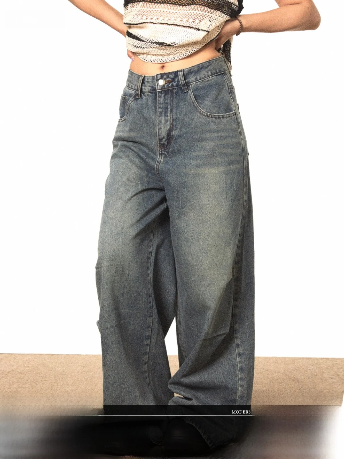 

High Waist Straight Leg Jeans Women's Loose Fit Floor Length Washed Blue Folded Hem American Retro Style Casual Trousers