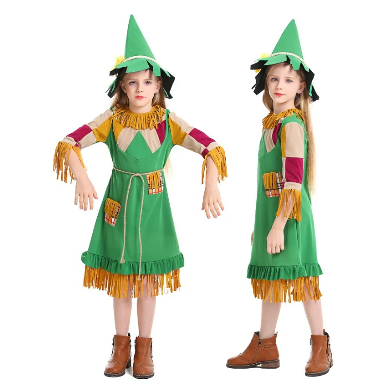 Disfraz de Espantapájaros, Vestido Verde con Flecos, Sombrero de Bruja Puntiagudo, Decoración de Girasol, Disfraz de Cosplay del Mago de Oz, Disfraz de Halloween, Carnaval, Disfraz de Fantasía