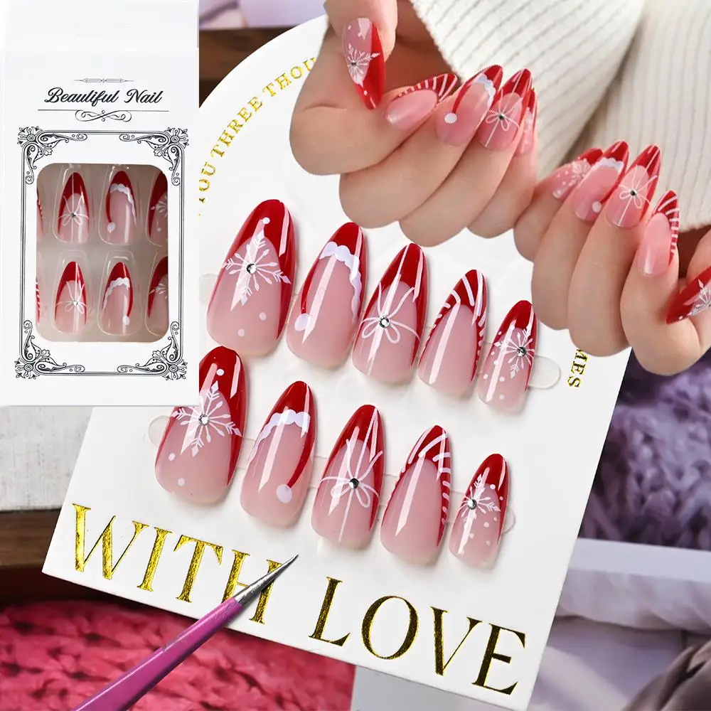 

24 шт., французские миндалевидные рождественские накладные ногти, снежные огни, рождественская шляпа, дизайн с бантом, пресс на ногтях, полное покрытие, рождественский фестиваль, накладные кончики пальцев