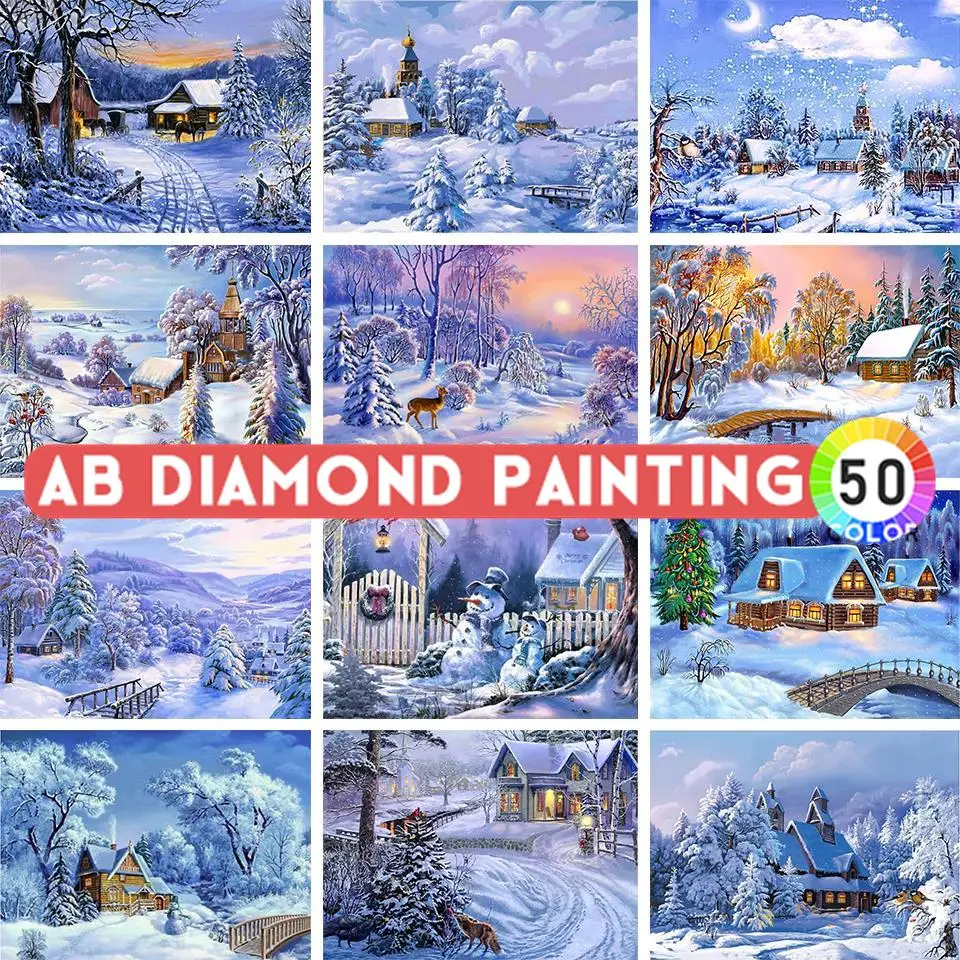 AB Drills Diamond Painting 5D DIY Winter House Scenery Rhinestone Picture Embroidery Kit Mosaic Mosaic Home Decoration Gifts