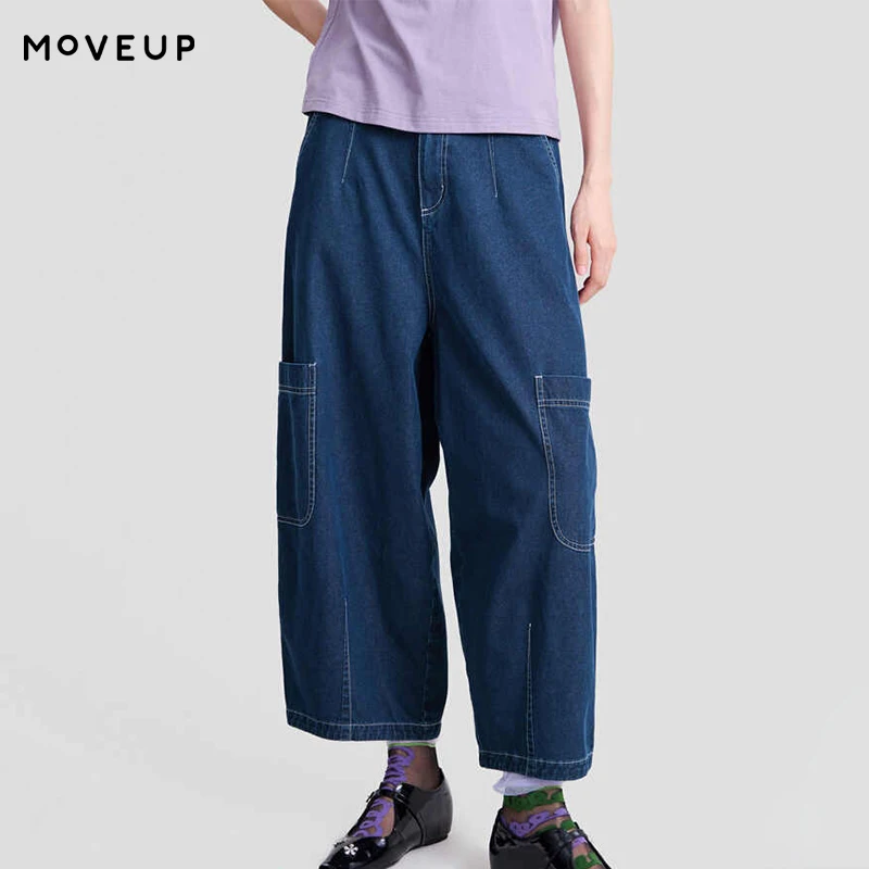 MOVEUP Loose Jeans 2026 Spring New Elastic Waist Multi-Pocket Zipper Casual Street style Straight Leg Jeans For Women 3ELC40318