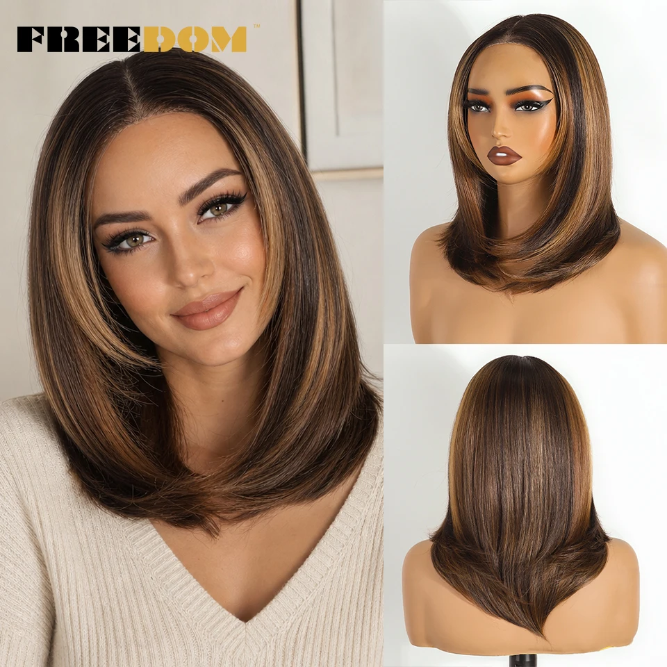 FREEDOM Synthetic Lace Front Wigs For Women Layered Straight Short Bob 6x4 Wear And Go Glueless Wig Ombre Brown Pre Plucked Wigs
