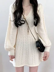 Knit Knitted Sweater Mini Dress Women Casual Lantern Sleeve Short Dresses 2023 Autumn Winter V-neck Outfits Female