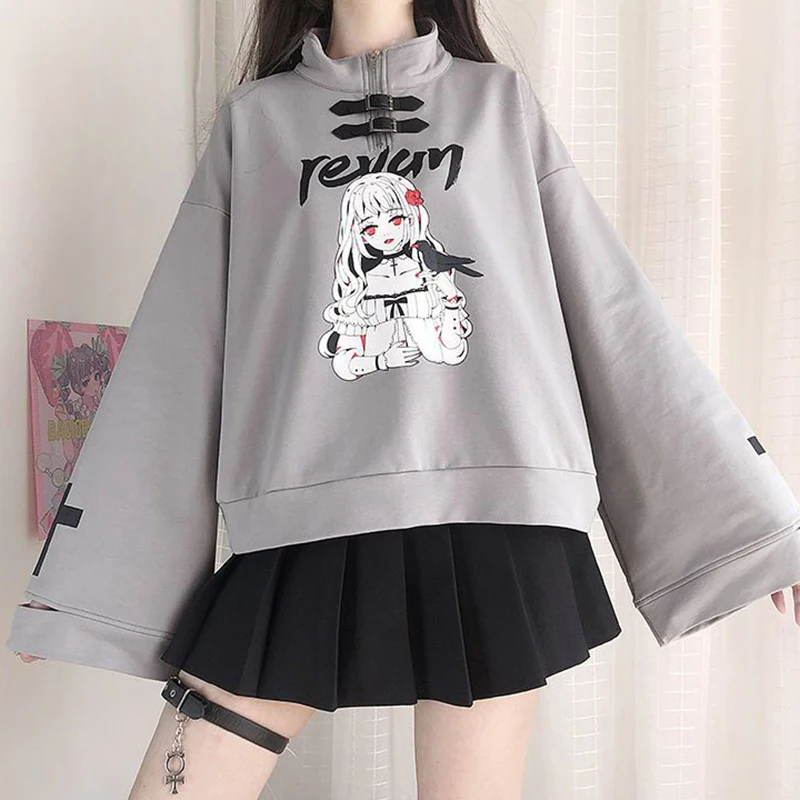 Gothic 2 Piece Set : Anime Print Bell Sleeve Sweatshirt +Black Jk Preppy Style Pleated Skirt Harajuku Lolita Japan Skirt Set