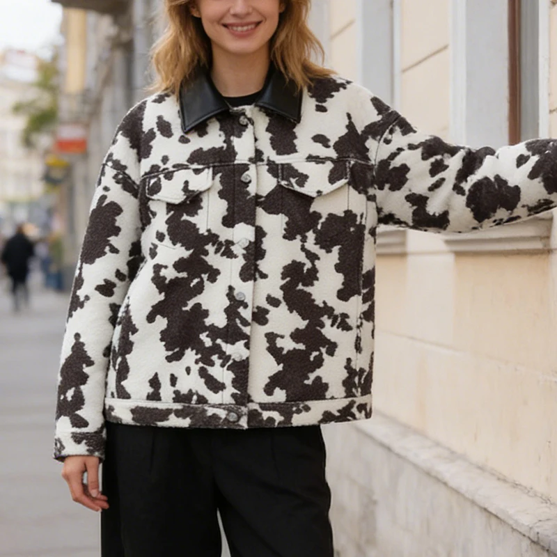 Veste à col cranté pour femme, simple boutonnage, imprimé vache, manteau à franges au dos, Style de rue, tendance, rétro, décontracté