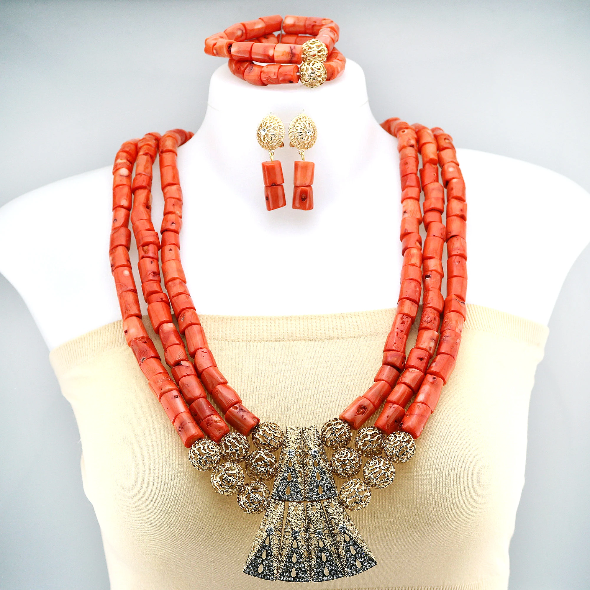 Nigerian Jewelry Sets for Women,Orange Coral Jewelry Sets,Choker Necklace,African Wedding Beads with Flower Accessory