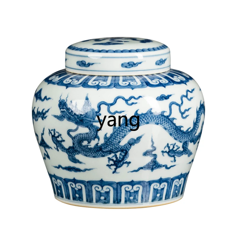 L'm'm Ceramic Vase Blue and White Porcelain Temple Jar Home Storage Jar Living Room Coffee Table Decoration