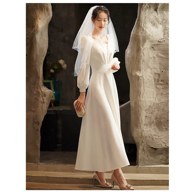 Robe de Soirée en Satin Blanc à Manches sulf, Tenue Élégante et Personnalisée pour Banquet, Bal et ixAnnuelle