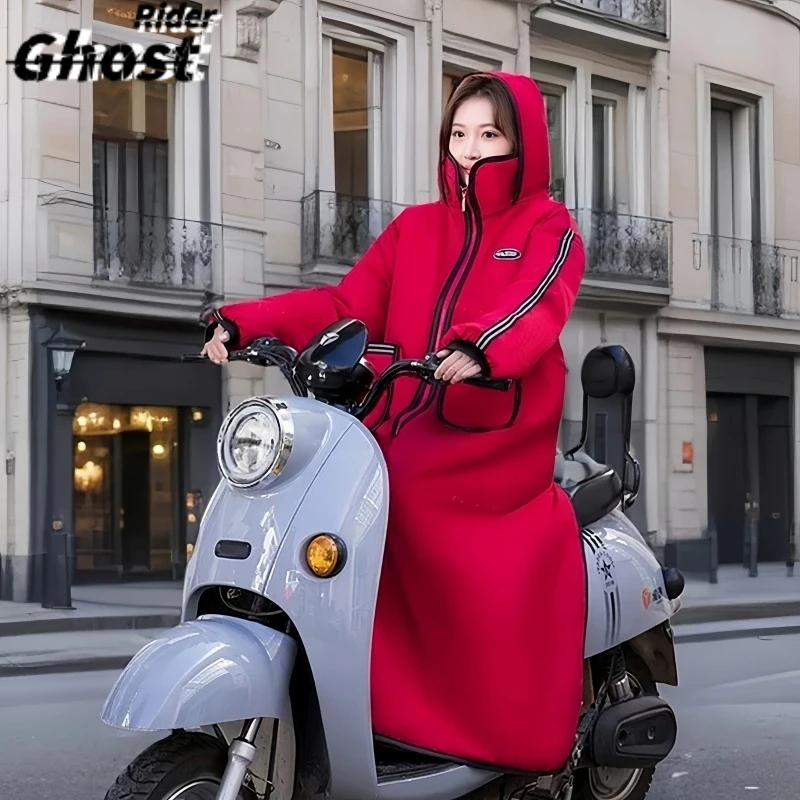 Thick Fleece‑Lined Winter Motorcycle Poncho, Waterproof Windproof Cold‑Resistant Long Riding Outerwear for Men and Women