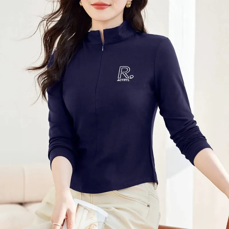 Women Half Zip Stand Collar Long Sleeve T Shirt Slim Fit Letter Embroidery Cropped Basic Top
