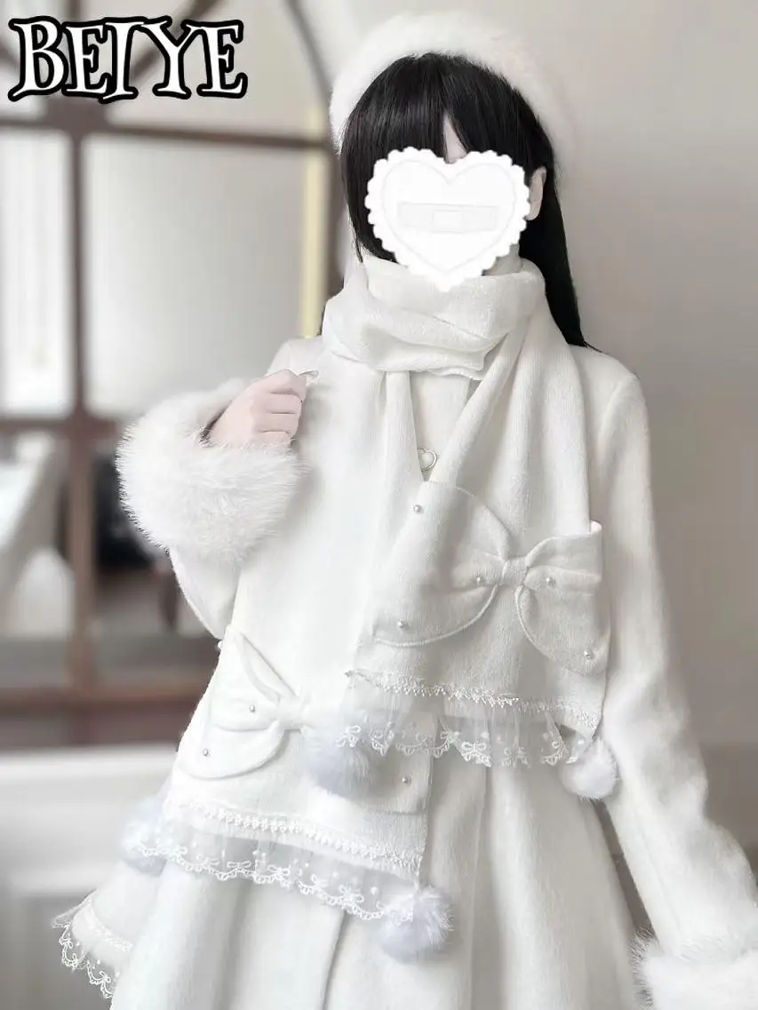 Scarf Original Japanese Mine Series Mass-produced Pearl Bow Hairball Scarf Female Sweet Pink Lolita Plaid Scarf Autumn Winter