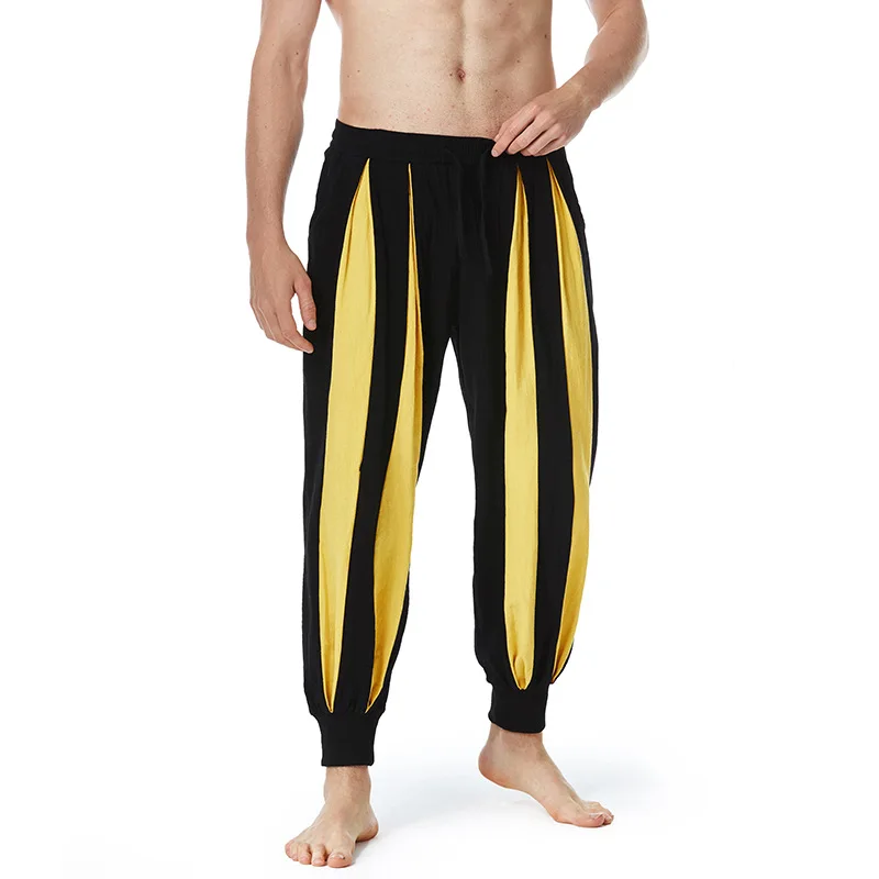 Мужские свободные шаровары в уличном стиле, повседневные брюки из хлопка и льна с блокировкой цвета для молодежи, весна-лето 2024