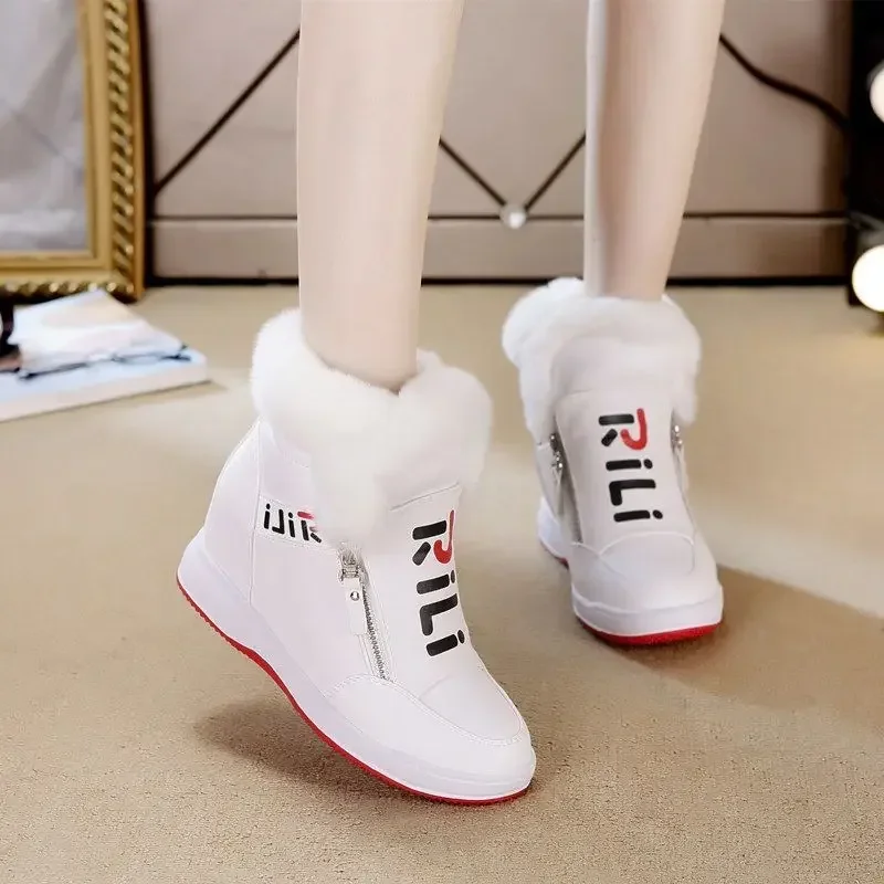 Rabbit Hair Inner Elevated Women's Shoes Autumn Winter New Warm Cotton Shoes Thick Sole Slope Heels Double Zipper Short Boots