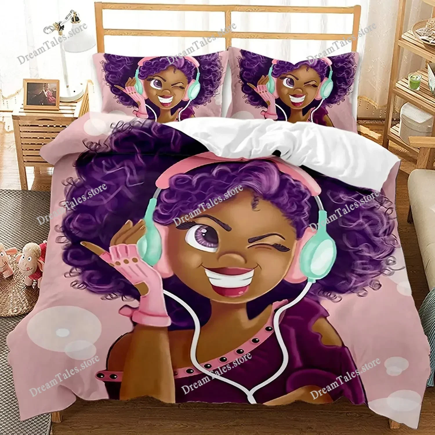 

Musical Girl King Queen Duvet Cover Modern Fashion Girly Bedding Set for Kids Teens Adults Cartoon Hip Hop Style Quilt Cover