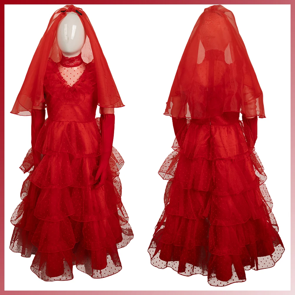 

1990 Horror Movie Juices Costume Disguise Lydia Child Girls Cosplay Fantasy Red Dress Kids Roleplay Fantasia Outfits Children