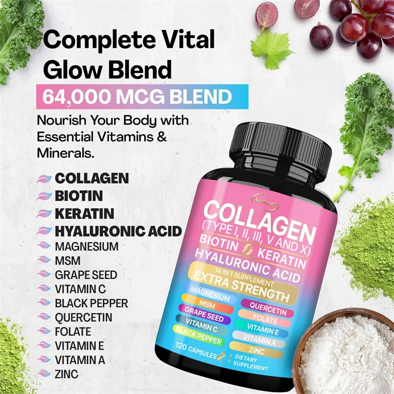 Collagen Supplement (Types I, II, III, V and X), Biotin, Keratin, Hyaluronic Acid, MSM - Skin, Nails & Joint Health, Anti-Aging