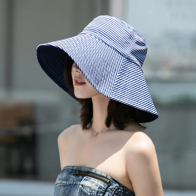 Women Striped Double-side Wear Bucket Hat Wide Brim Fordable Sun Protection Panama Caps For Girls Outdoor Beach Tour Fishmen Cap