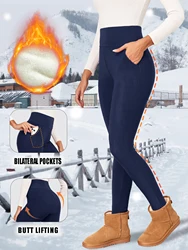 Leggings de veludo cintura alta feminina com bolsos, calça casual, impede frio, super grossa, quente, inverno