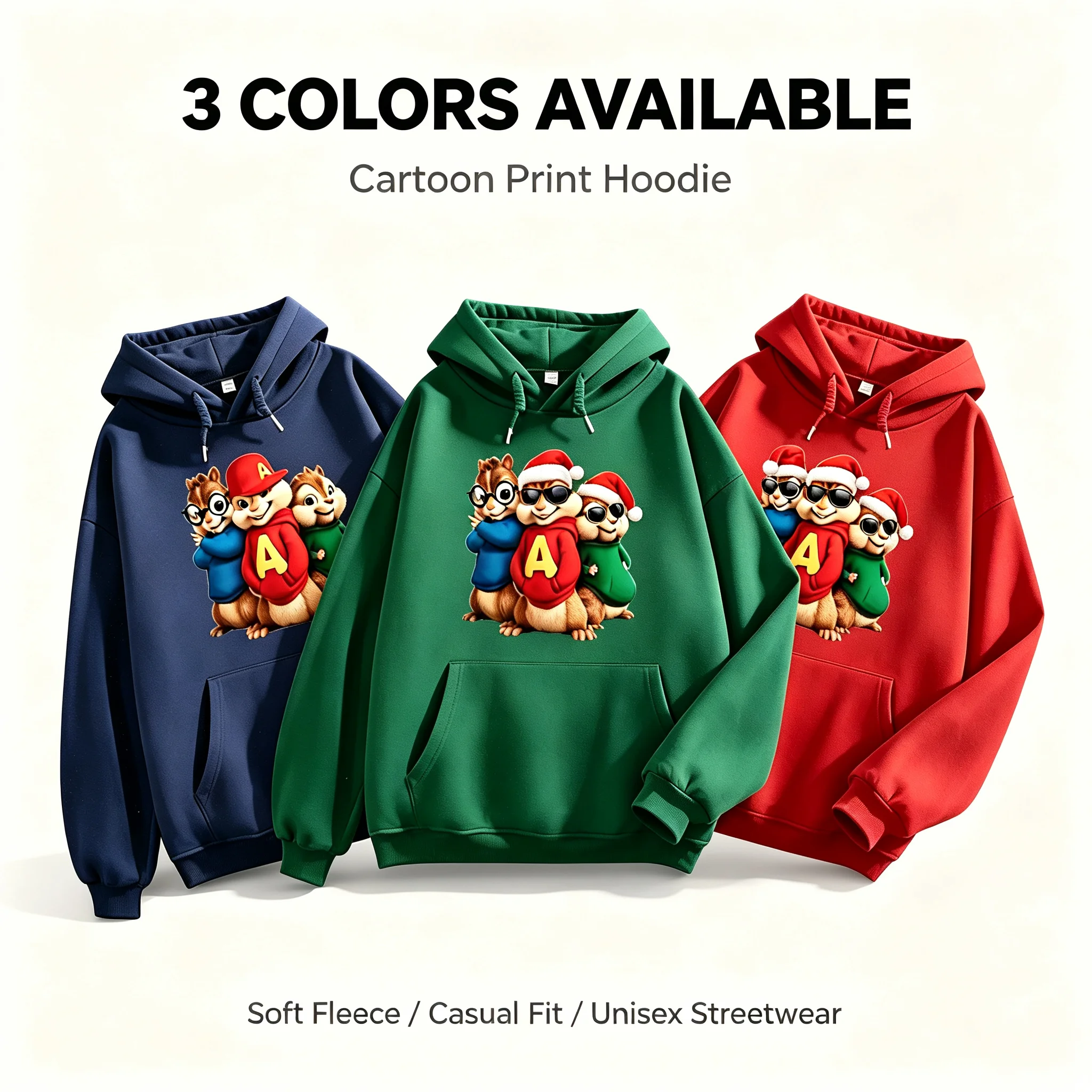 Unisex Soft Comfort Cartoon Hoodies Alvin And Chipmunks Long Sleeve Pullover Sweatshirt Halloween Cosplay Casual Hooded Tops