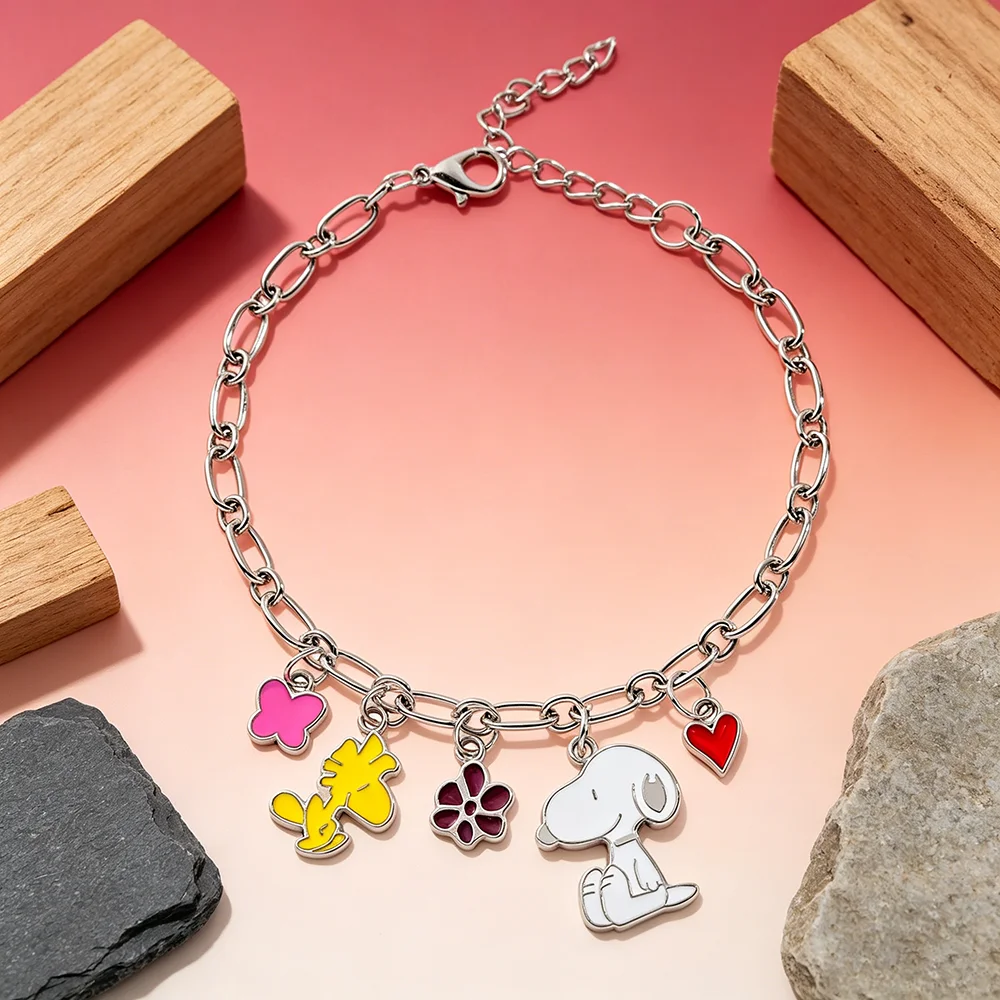 Pulsera de Eslabones Ajustable de Plata con Dijes de Dibujos Animados Snoopy y Woodstock, Esmalte Colorido, Colgantes de Corazón, Flor y Mariposa, Regalo para Niña
