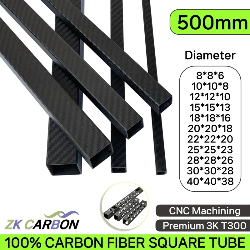 1Pcs 3K Full Carbon Fiber Square Tube OD 10mm 15mm 20mm 25mm 30mm 40mm Length 500mm for 3D Printers High Strength Carbon Tube