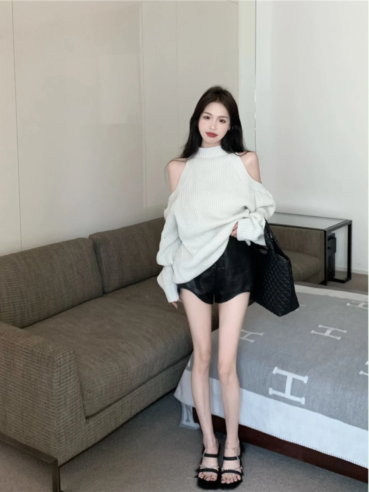 Свободный женский свитер с открытыми плечами, весна-осень, большой размер, удобный вязаный топ, теплый длинный све