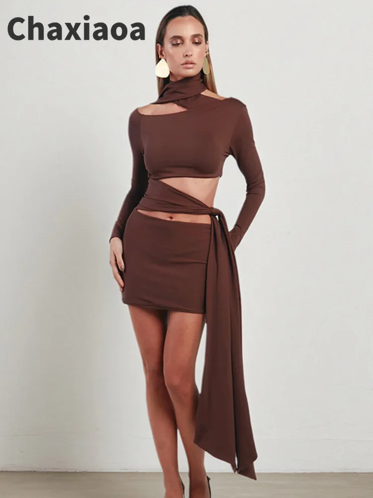 Chaxiaoa oco para fora manga longa sexy mini vestido feminino moda halter um ombro sem costas drapeado ruched clube vestidos de festa