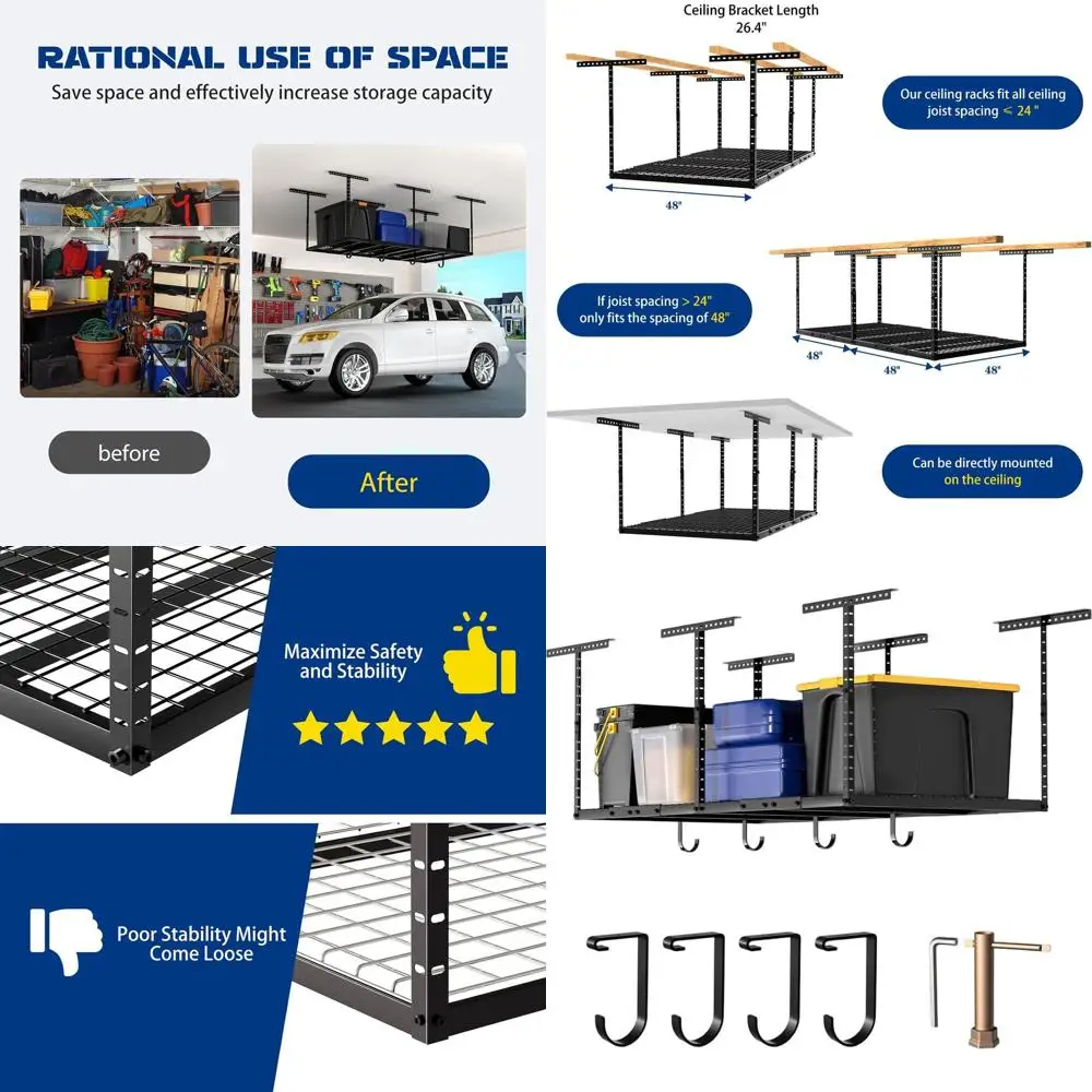 

Регулируемая потолочная стойка для гаража 4x8 с 4 крючками, выдерживает 600 фунтов, 22 фунта на крючок