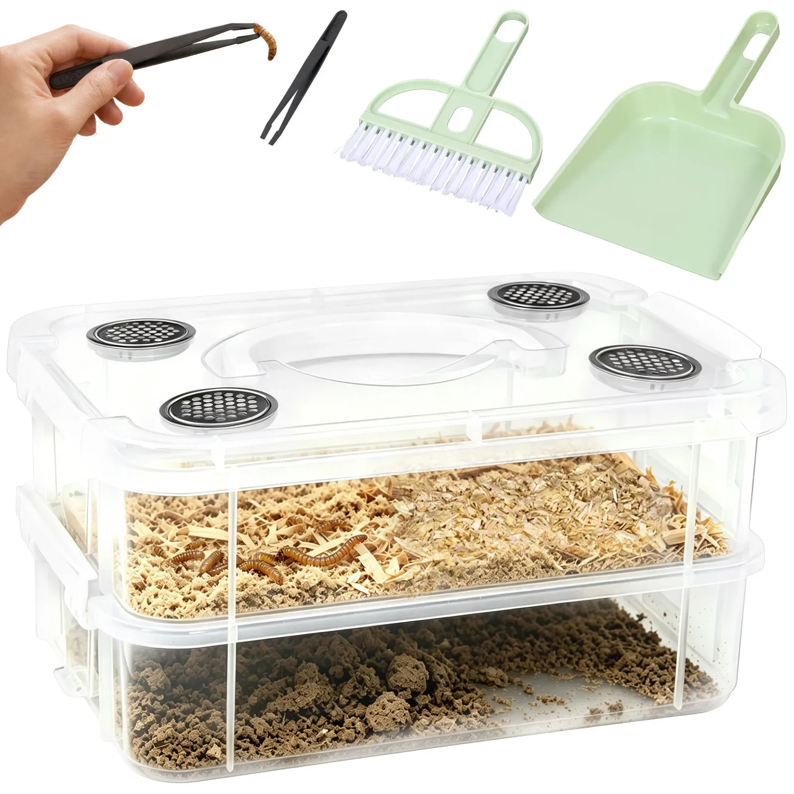 Mealworm Breeding Box Silkworm Feeder Bin Corn Worm Breeder Rearing Container for Pet Insects Reptiles Lizards Bearded