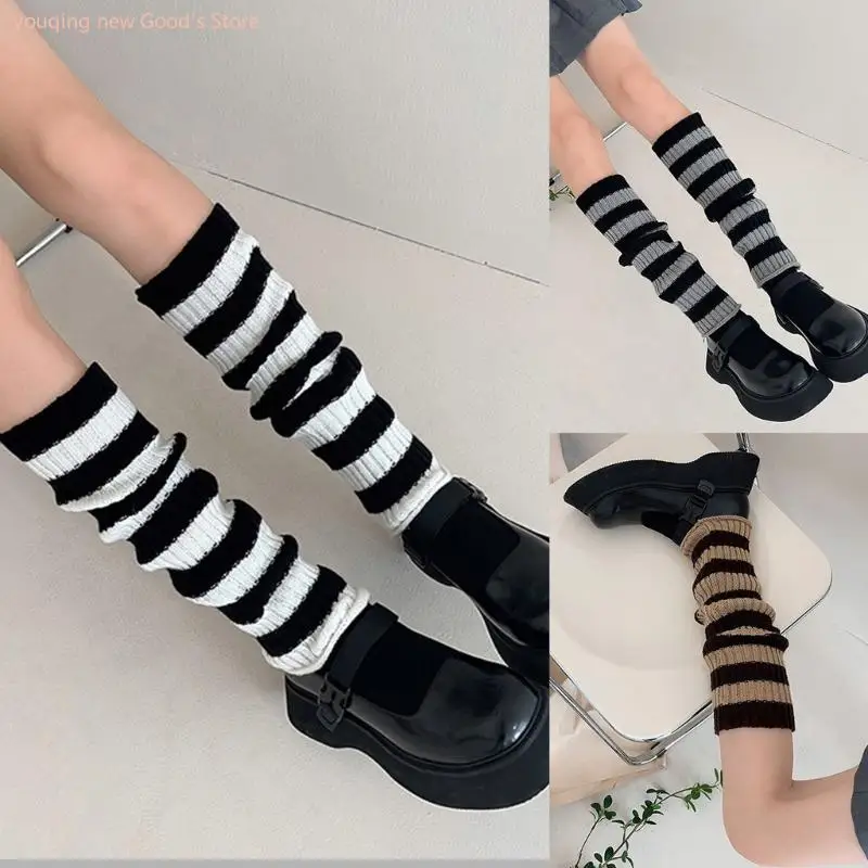 

49ME Japanese Lolita Striped Leg Warmers Women Student Ribbed Knit Long Socks Stretchy Boot Cuffs Foot Covers Streetwear