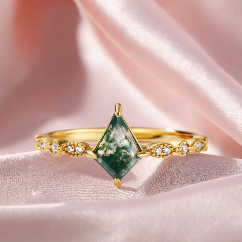 

Kite Cut Moss Agate Engagement Ring for Women Sterling Silver Gold Plating Elegant Accented Ring for Banquet Anniversary