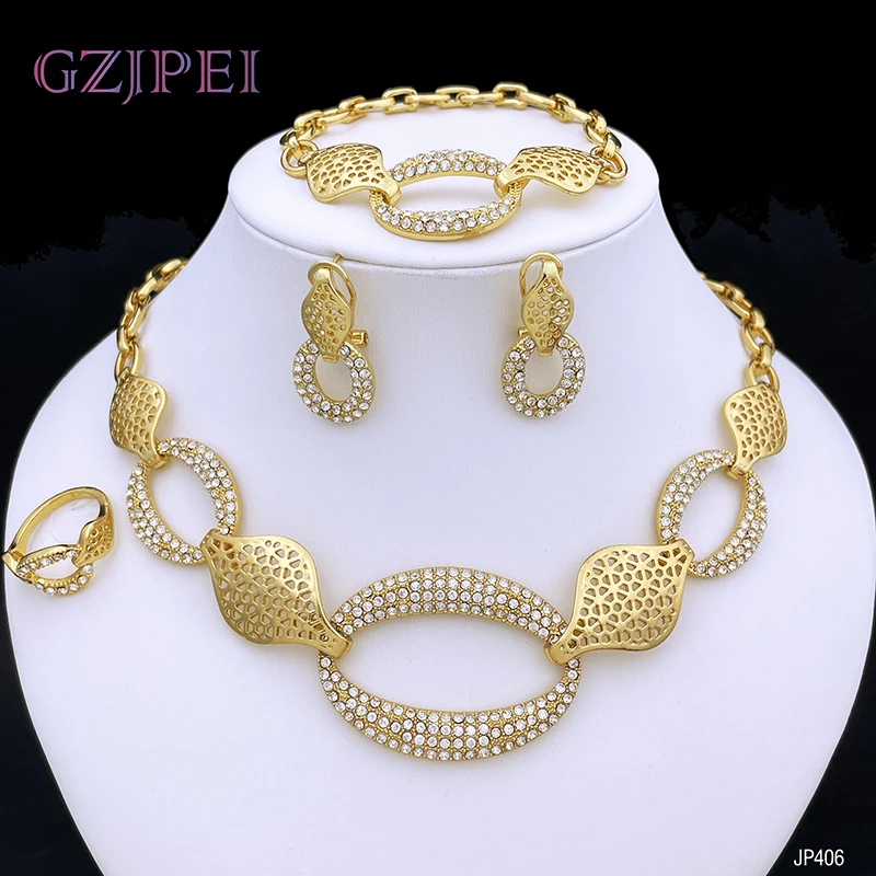 Elegant Jewelry Sets For Women Classic Design Dubai Gold Color Jewelry Round Necklaces Earrings Bracelet And Ring