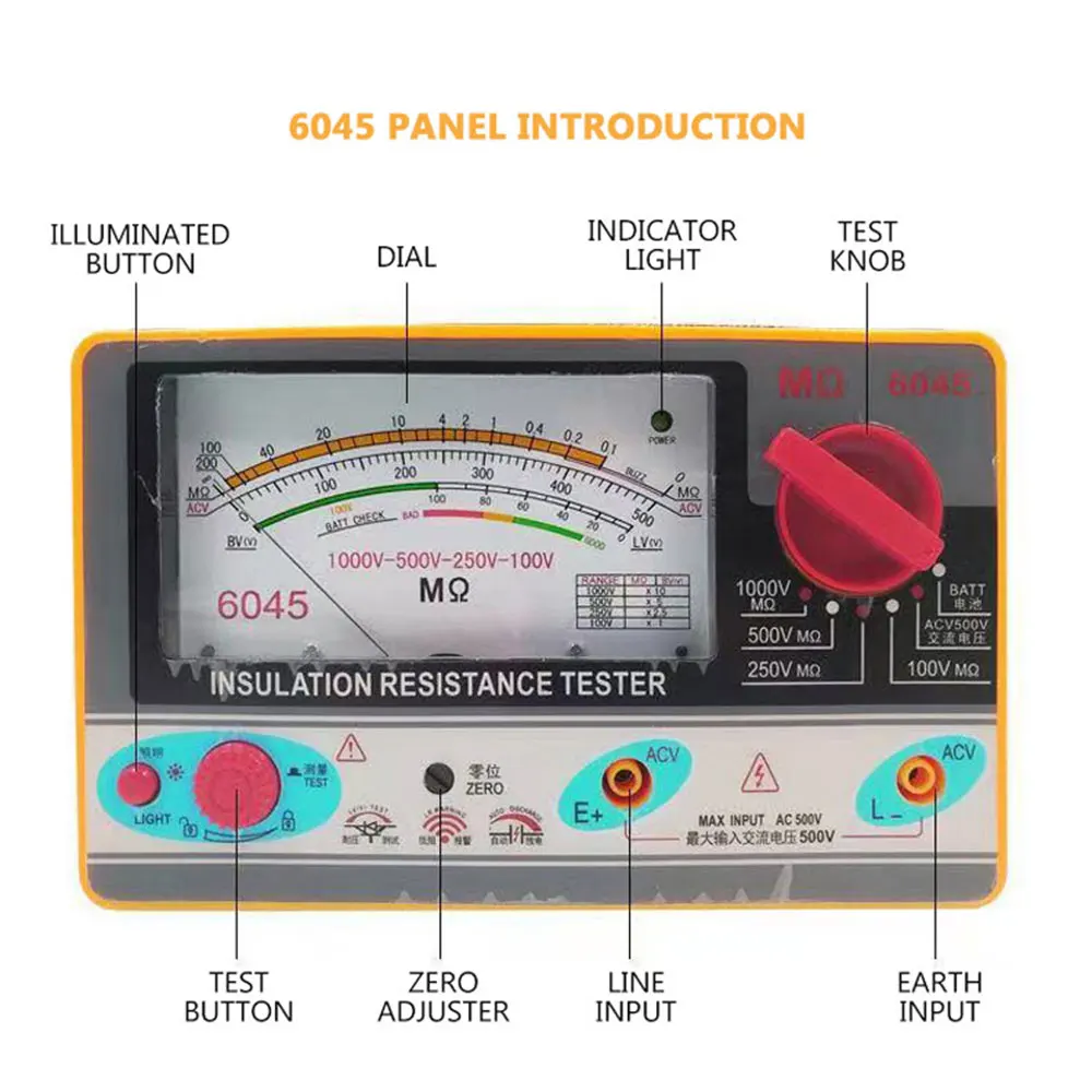 TY6017/6018/6045  Pointer Type Insulation Resistance Tester Electronic Hand Gauge 500v Tramegger