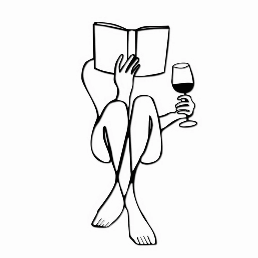 책을 읽고 와인을 마시는 여성 추상 금속 벽 예술, 미니멀리스트 추상 여성 독서 금속 벽 예술, 홈 아트 장식