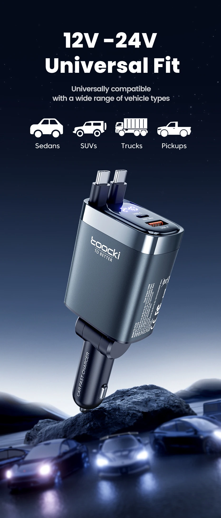 Toocki 4 IN 1 einziehbares Autoladegerät 105 W Handy-Ladegerät Typ C-Kabel für iPhone 16 15 Schnellladekabel Zigarettenadapter – Detail 13