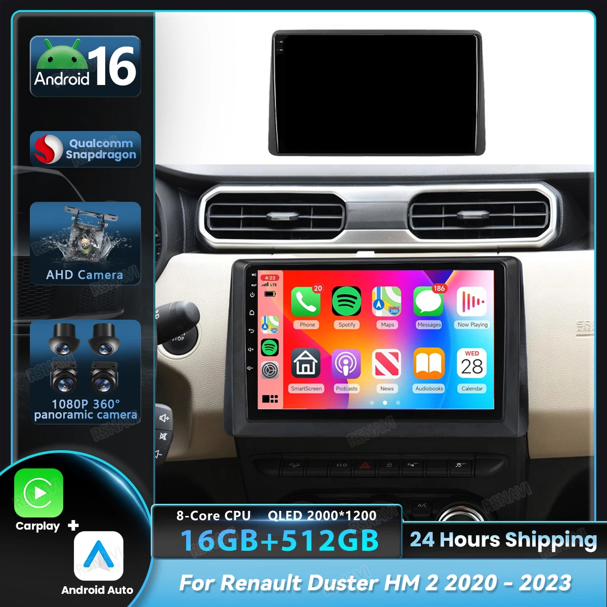 Android 16 Carplay Auto For Renault Duster HM 2 2020 - 2023 Car Radio Navigation Video Player Touch Screen GPS Stereo Multimedia