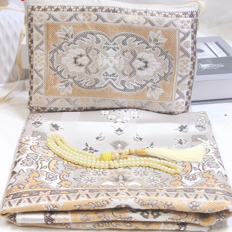 Muslim Prayer Rug with Prayer Beads and Portable Bag Muslim Gift Islamic Soft Mat Gifts Set Turkish Carpet for Ramadan Eid Hajj 2