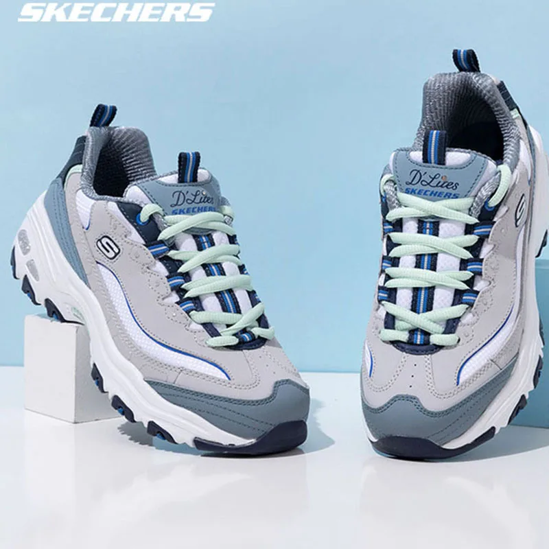 Skechers Women D'Lites 1.0 13143GYBL Grey Blue Chunky Sneakers Thick Platform Sole Memory Foam Casual Sport Walking Dad Shoes